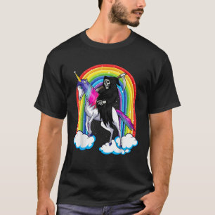Camiseta Crânio De Grim Reaper Dirigindo Um Unicórnio Da Mo