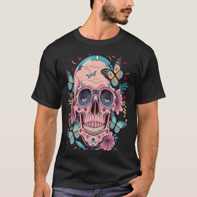 Camiseta Crânio De Halloween Com Flores E Borboletas (Frente)