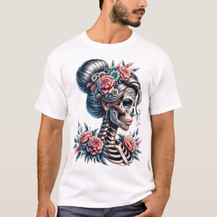 Camiseta Cranio de Mulher Dia Dos Mortos Esqueleto