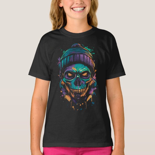 Camiseta Crânio de Neon: Brilho de Grafite (Frente)