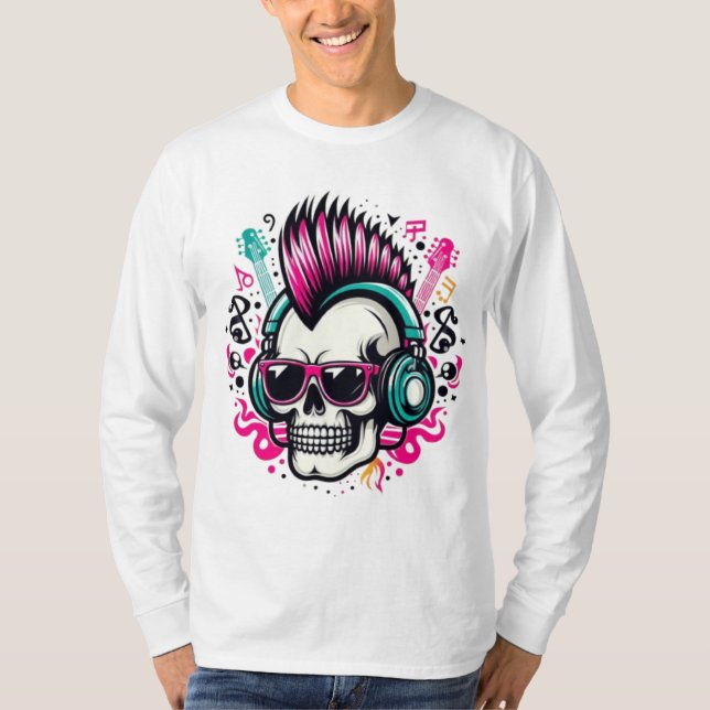 Camiseta Crânio de Rockin com Mohawk, óculos escuros e Fone (Frente)