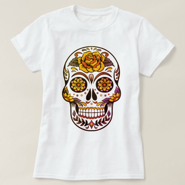 Camiseta Crânio de Rosa Amarelo (Frente do Design)