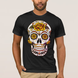 Camiseta Crânio de Rosa Amarelo em T-Shirt Preto