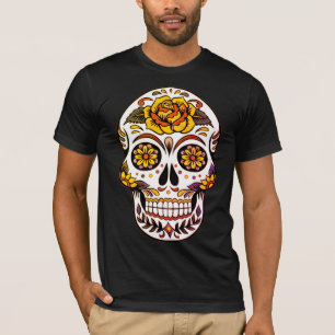 Camiseta Crânio de Rosa Amarelo em T-Shirt Preto