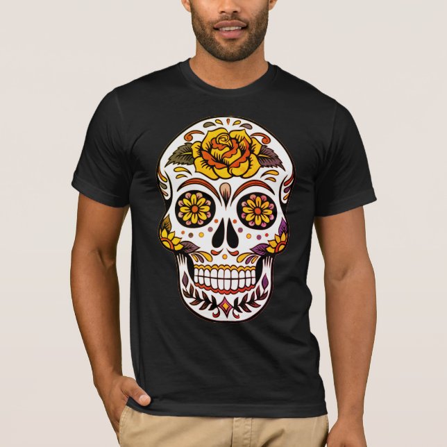 Camiseta Crânio de Rosa Amarelo em T-Shirt Preto (Frente)
