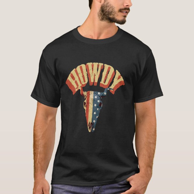 Camiseta Crânio de Touro de Rodeio Cowboy Com Bandeira dos  (Frente)