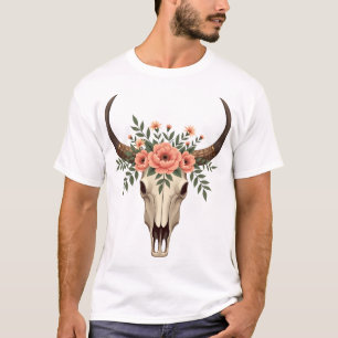 Camiseta Crânio de Touro Floral Vintage Boho Ocidental Botâ