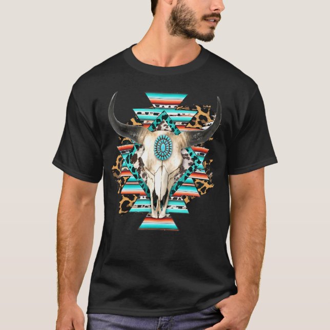 Camiseta Crânio de Vaca Azteca Serape Ocidental Crânio de T (Frente)