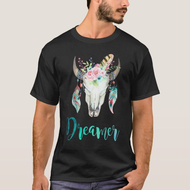 Camiseta Crânio de Vaca Boho Floral e Pena (Frente)