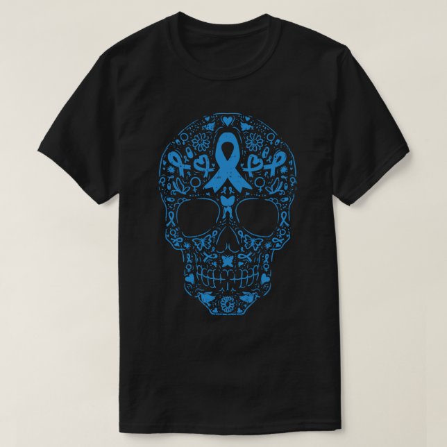 Camiseta Crânio do Açúcar Azul Fita Azul Fita Prostata Canc (Frente do Design)