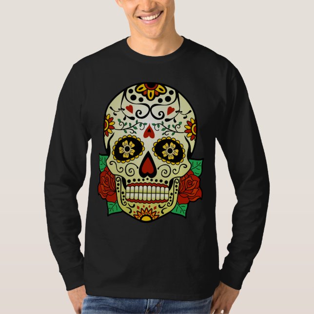 Camiseta Crânio do açúcar com rosas (Frente)