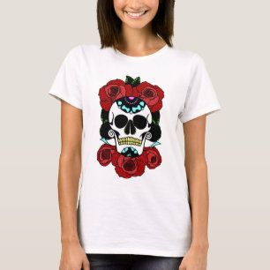 Camiseta Crânio do açúcar com rosas vermelhas
