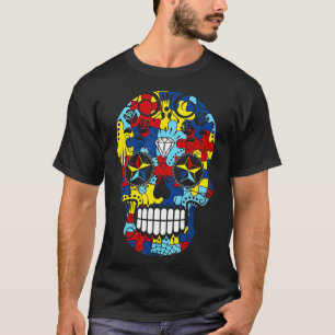 Camiseta Crânio do Autismo Fita do Autismo de Halloween Esq