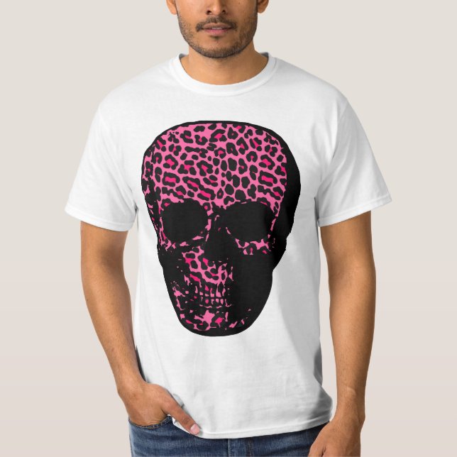 Camiseta Crânio do impressão do leopardo do rosa chocante (Frente)