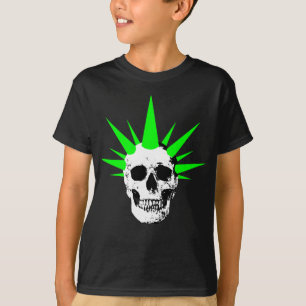 Camiseta Crânio do punk rock com cabelo verde de néon de