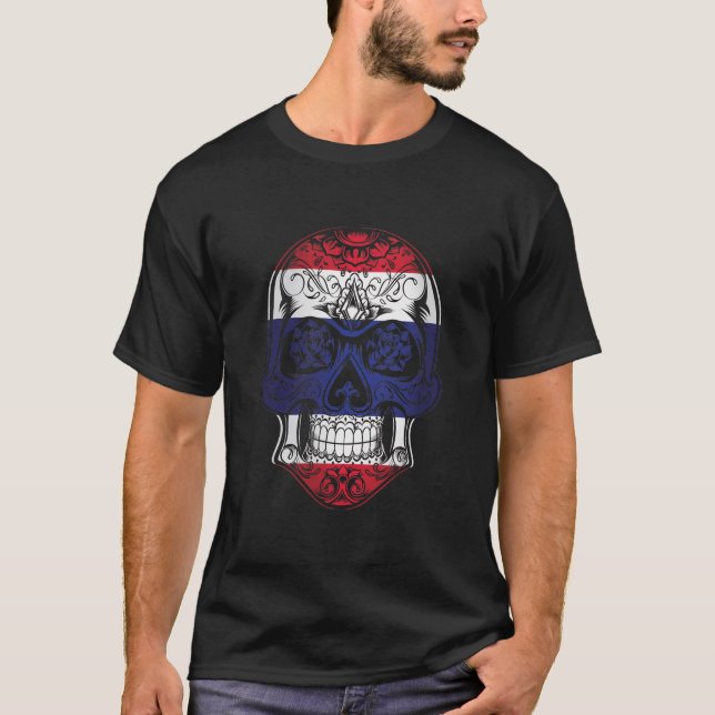 Camiseta Crânio E Bandeira De Rosas Da Tailândia (Frente)