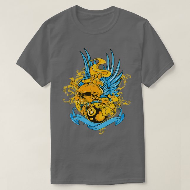 Camiseta crânio e bilhar flamejante (Frente do Design)