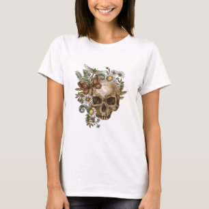 Camiseta crânio e borboletas de flores de colheita gótica