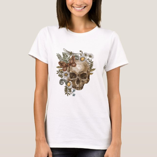 Camiseta crânio e borboletas de flores de colheita gótica (Frente)