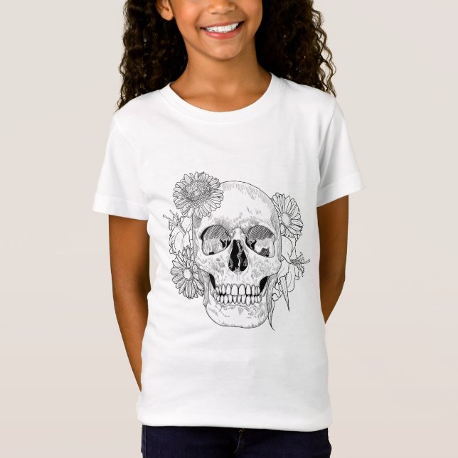 Camiseta Crânio e flores inspirados (Frente)