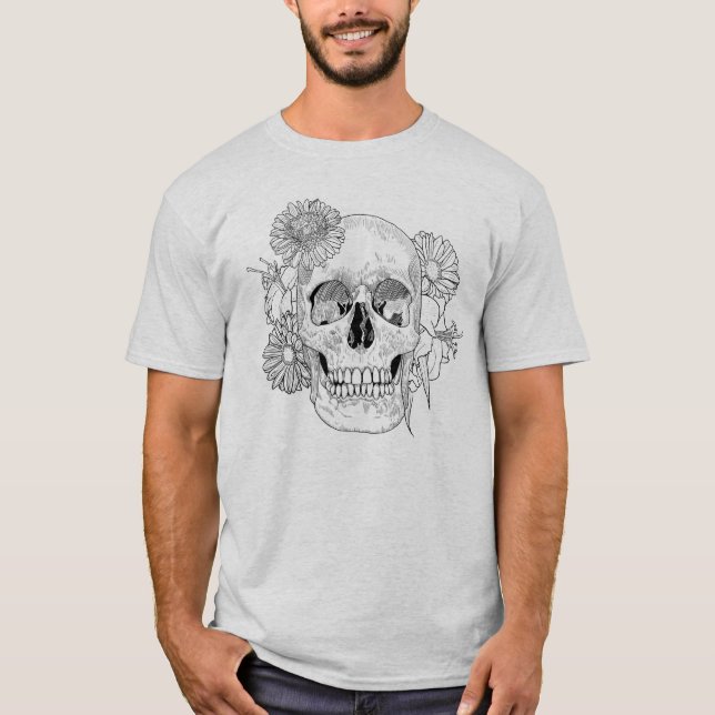 Camiseta Crânio e flores inspirados (Frente)