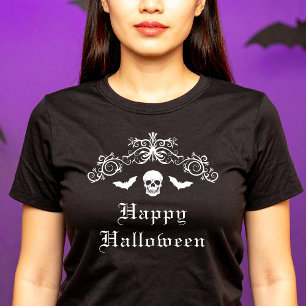 Camiseta Crânio E Morcegos Com Fronteira De Ornamentado Fel