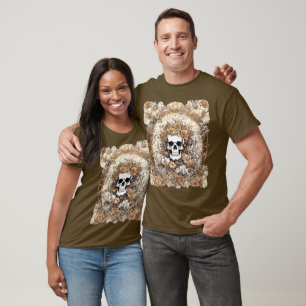 Camiseta Crânio e Rosas de Outono Design Art Nouveau