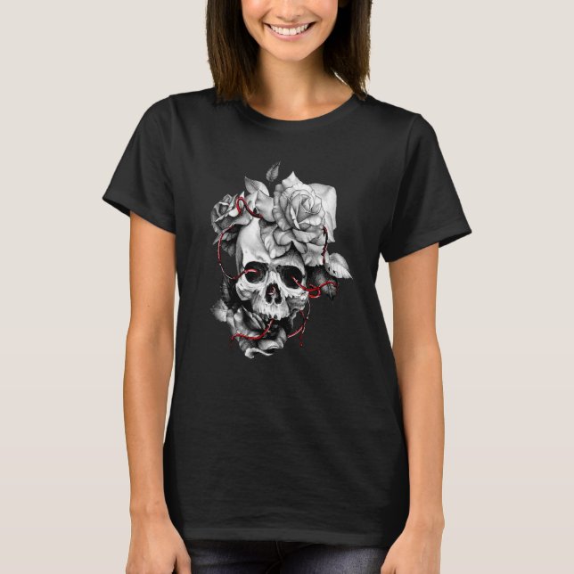 Camiseta Crânio E Rosas Rosas vermelhas Crânio Halloween 1 (Frente)