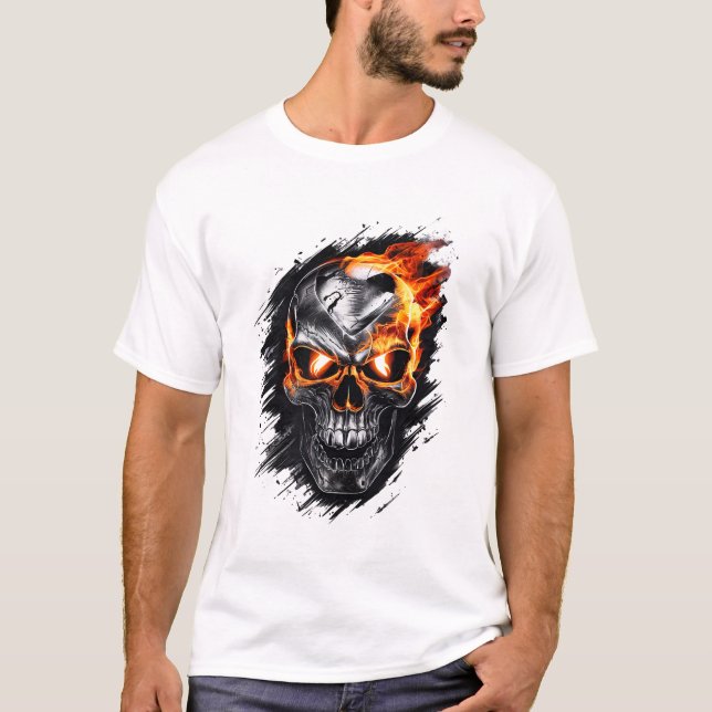 Camiseta Crânio em chamas metálico - Design gótico (Frente)
