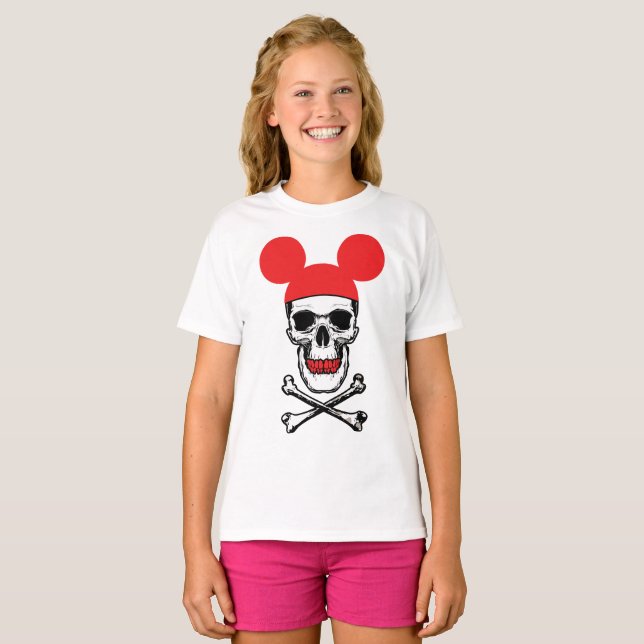 Camiseta Crânio em Chapéu de Mouse de Desenho com Osso em X (Frente Completa)