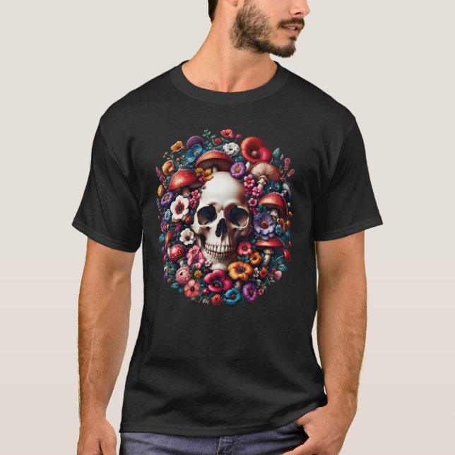 Camiseta Crânio Escuro Goblincore Aestésico Mushroom Floral (Frente)