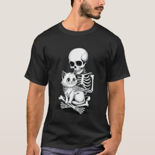 Camiseta Crânio Esqueleto Abraçando um Gato Halloween Época