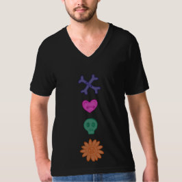 Camiseta Crânio, Flor, Coração, Ossos Assustadores Botões T