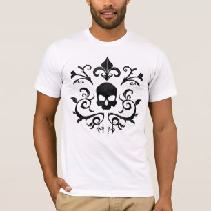 Camiseta Crânio Floral a Damasco Gótico Escuro (Preto e Bra