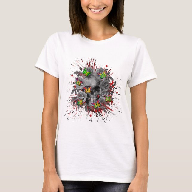 CAMISETA CRÂNIO FLORAL COLORIDO BORBOLETA (Frente)