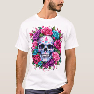 Camiseta Crânio Floral Colorido PNG Rosa, Roxo e Turquesa