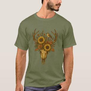 Camiseta Crânio Floral com Girassóis e Pássaros