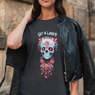 Camiseta Crânio Gótico Azul Cor-de-rosa do Dia das Bruxas P