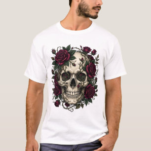 Camiseta Crânio Gótico com Rosas Vermelhas Escuras e Tatuag