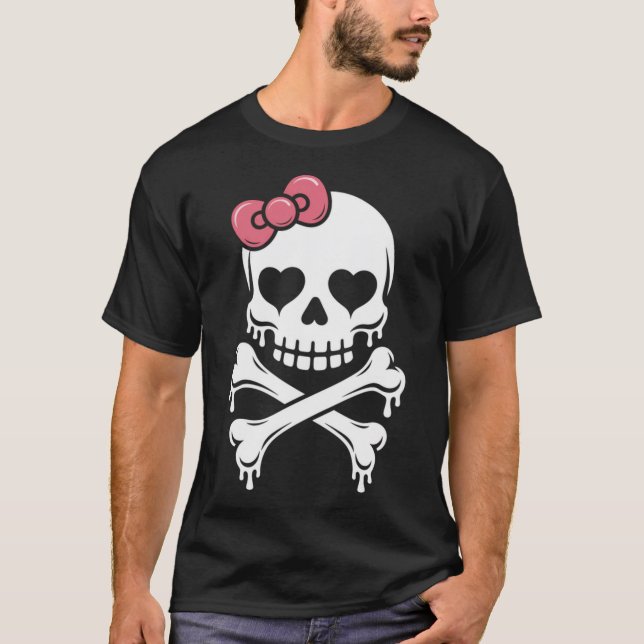 Camiseta Crânio Laço Rosa Pingando Halloween (Frente)
