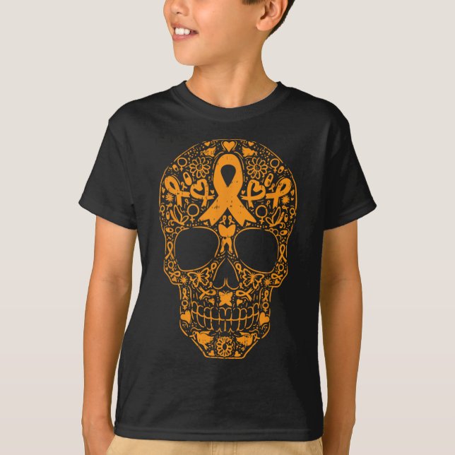 Camiseta Crânio Laranja Fita Leucemia Cancer Sensibilização (Frente)