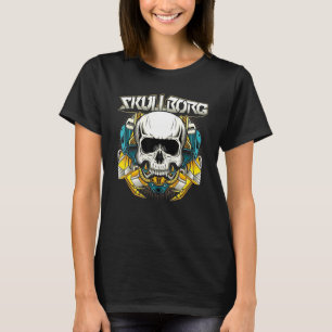 Camiseta Crânio Mecânico Com Armadura Dourada E Azul