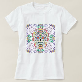 Camiseta Crânio mexicano com flores azuis