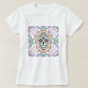 Camiseta Crânio mexicano com flores azuis