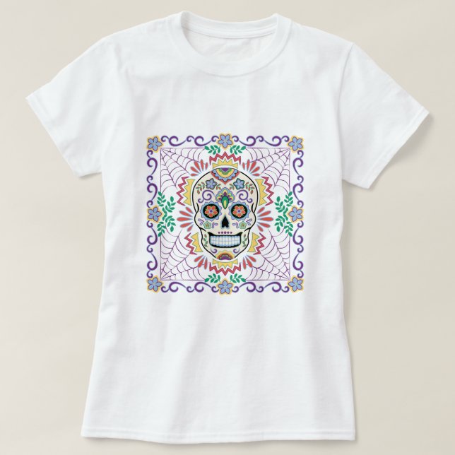 Camiseta Crânio mexicano com flores azuis (Frente do Design)