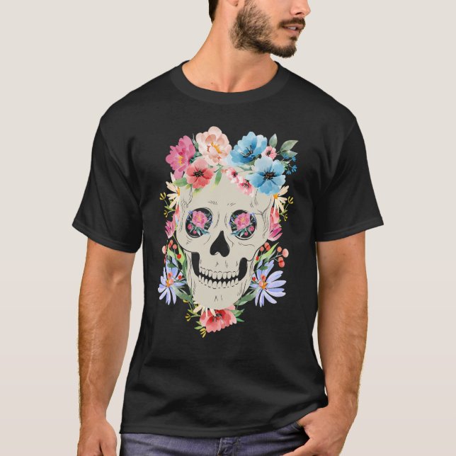 Camiseta Crânio Mexicano com Flores para o Dia dos Mortos (Frente)