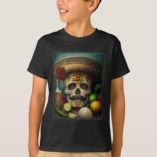 Camiseta Crânio Mexicano Tequila Sombrero Cinco De Mayo (Frente)