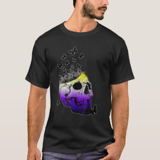 Camiseta Crânio Não Binário Halloween Enby Orgulho Borbolet