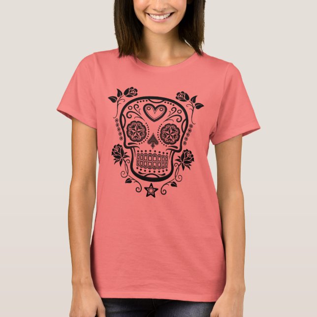 Camiseta Crânio Negro com Rosas (Frente)