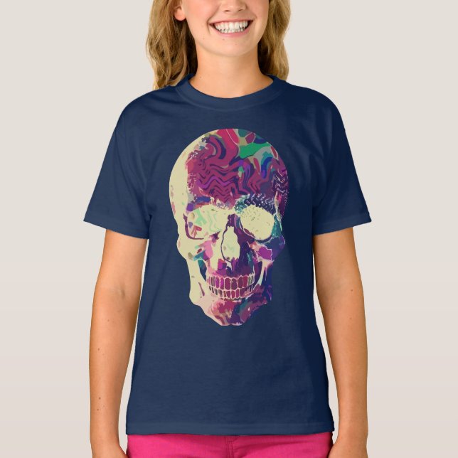 Camiseta Crânio Neon Abstrato: Caos Vibrante (Frente)